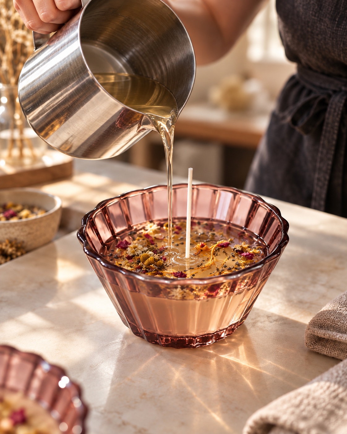 Clear candle oil being poured beside a white wick in a rose-colored glass vessel